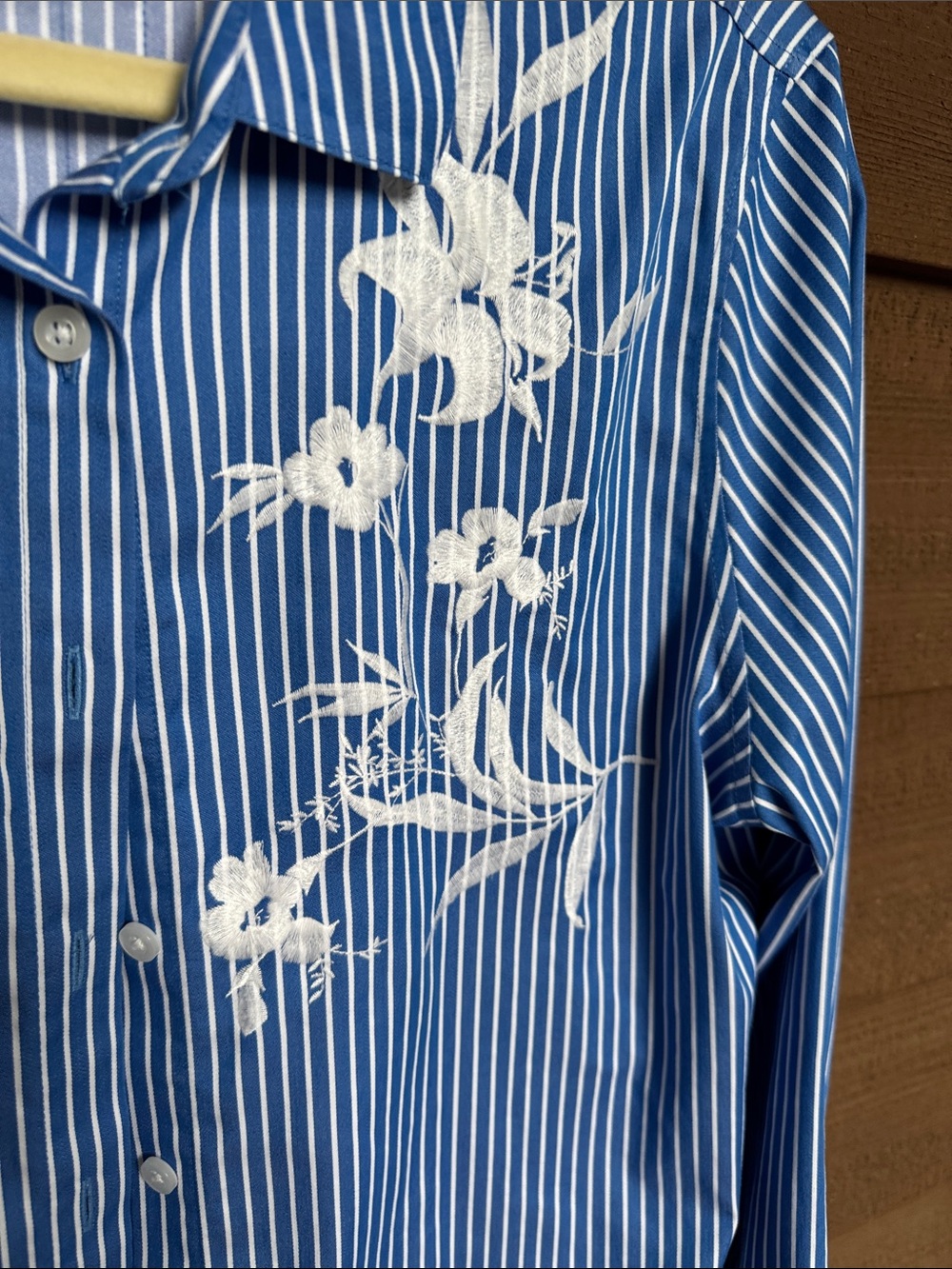 Chico's Blue and White Striped Button-Down with Floral Embroidery size 8 - Picture 3 of 7